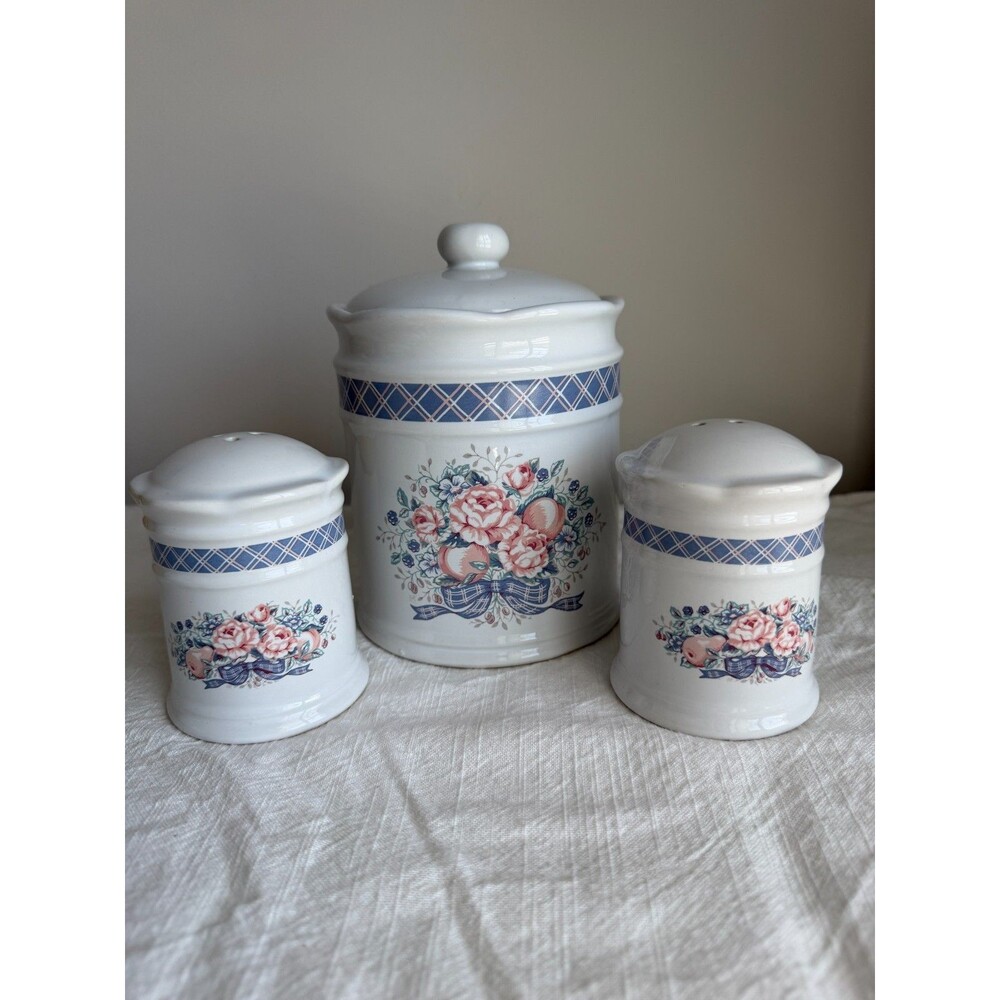 3 Pc Ceramic Trenditions Chelsea Lane 1989 Canister W Lid Peaches & Blossoms Set